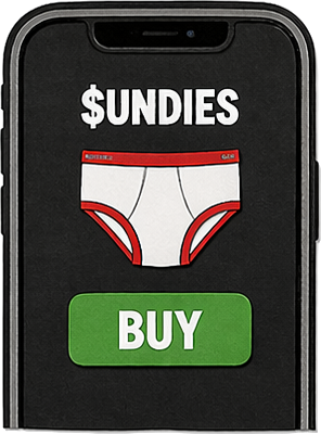 Smartphone showing the $UNDIES coin page in Flipcash with a green BUY button