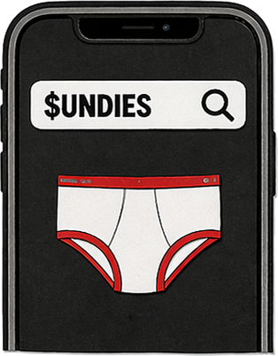 Smartphone showing a Flipcash search for $UNDIES, with the coin's underpants icon appearing in results