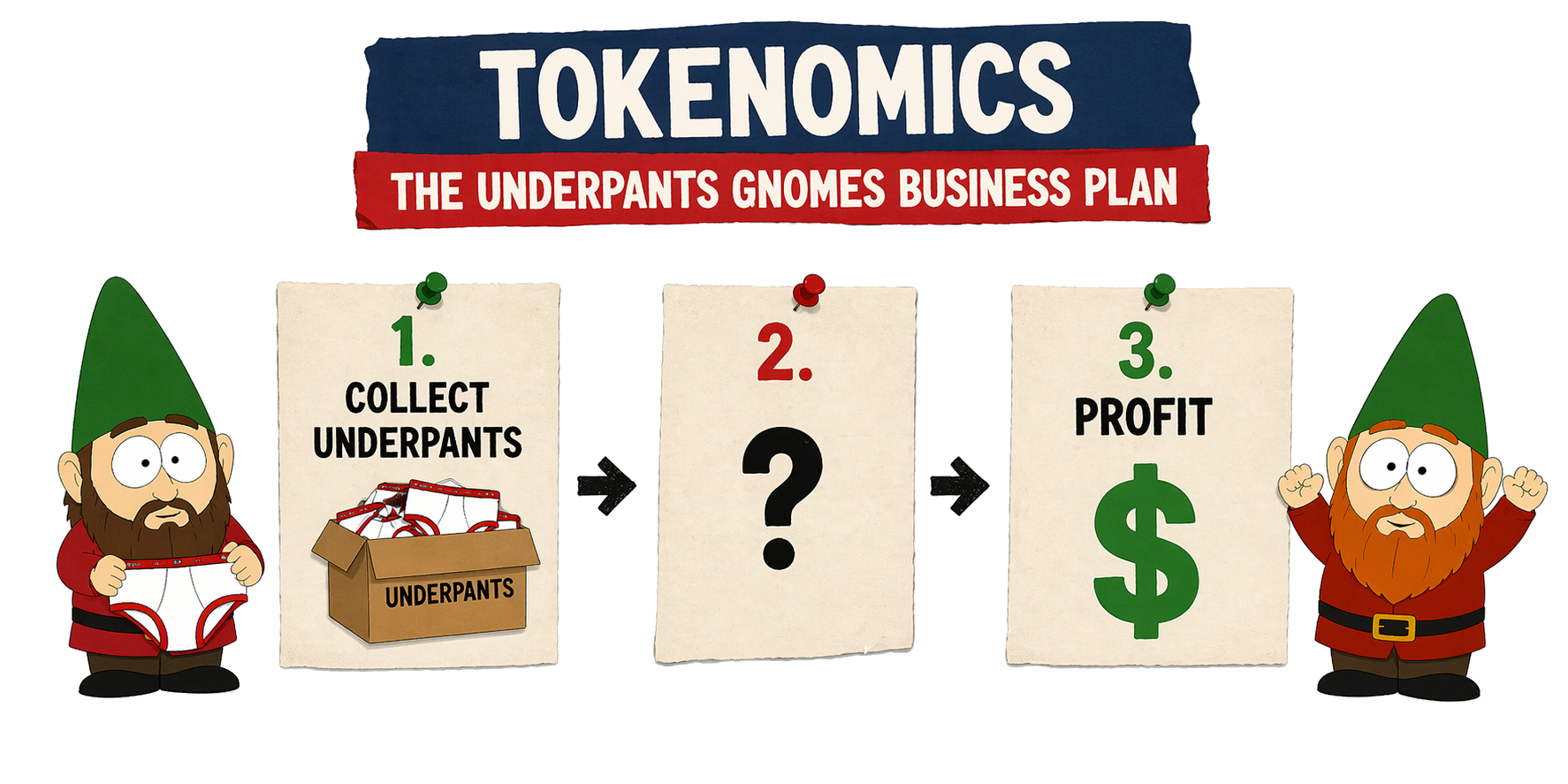 Tokenomics — the Underpants Gnomes business plan. Two red-robed gnomes flank three parchment cards: 1. Collect Underpants, 2. ?, 3. Profit ($).